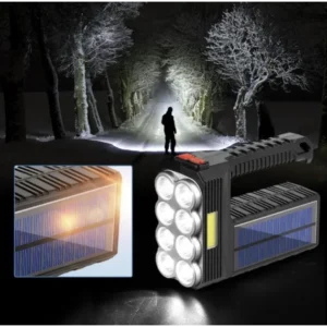 Lanterna de mana, cu incarcare solara si USB, 8 LED-uri, rezistenta la apa 1+1