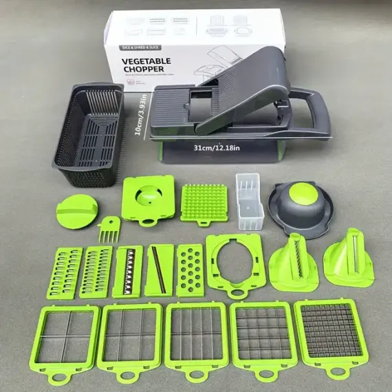 Razatoare Multifunctionala 22 de piese pentru legume si fructe, cu functie de caserola, lame din otel inoxidabil si maner protectie, Verde - imagine 2