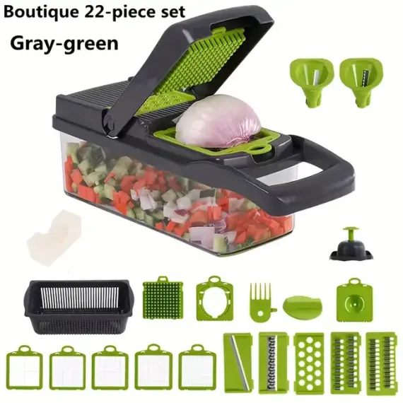 Razatoare Multifunctionala 22 de piese pentru legume si fructe, cu functie de caserola, lame din otel inoxidabil si maner protectie, Verde