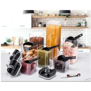 Set de 7 recipiente pentru alimente, plastic, transparent,capac negru
