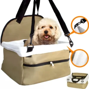 Scaun auto de protectie pentru animale de companie, rezistent si ajustabil, calitativ perfect pentru cainele sau pisica ta, siguranta si confort in calatorie, usor de curatat, 32cm x 27cm x 19cm, Bej, Fish & Paws ®