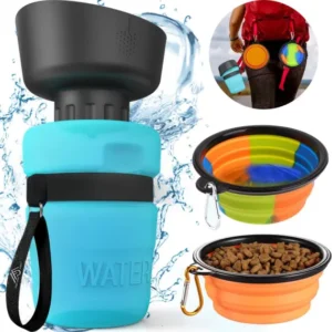 Sticla portabila de apa pentru Caini si Pisici , 2 in 1, fara scurgeri, cu 2 boluri pliabile pentru mancare si apa ideal pentru plimbari, drumetii sau calatorii alaturi de animalul de companie, produs fara BPA, Set, 520ml, Albastra, Fish & Paws ®